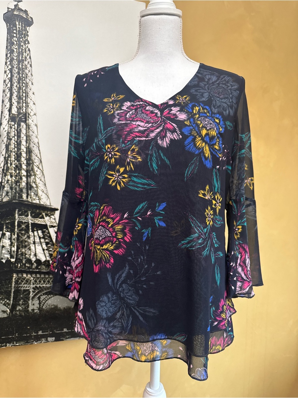 CAbi Black Floral V-Neck Sheer Blouse with Pink and Yellow Flowers
